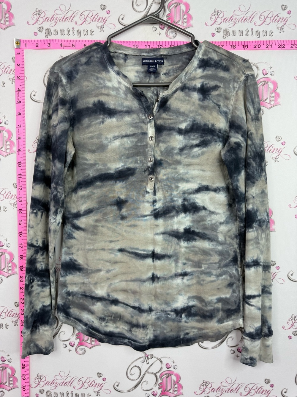 American Living Tie-Dye Long Sleeve Henley Top in navy and Cream